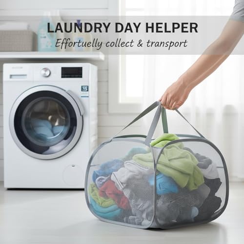 Kimmama Collapsible Mesh Laundry Basket, Foldable Pop Up Laundry Hamper with Side Pocket, Removable Clothes Storage Bin with Handle for Laundry Room, College Drom, Bathroom, Kid Room, Travel, 95L - Image 3