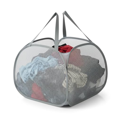 Kimmama Collapsible Mesh Laundry Basket, Foldable Pop Up Laundry Hamper with Side Pocket, Removable Clothes Storage Bin with Handle for Laundry Room, College Drom, Bathroom, Kid Room, Travel, 95L - Image 1