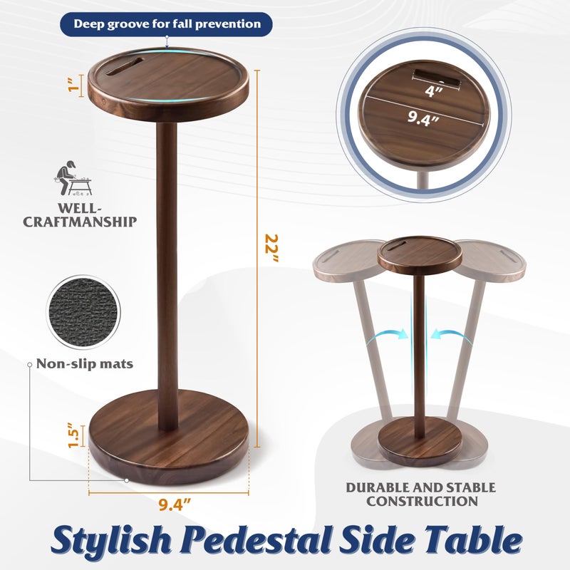 BLUEWEST Drink Table, 22" Tall Compact Side Table with Phone Slot and Weighted Base, Durable Pedestal Table Accent for Living Room (Flat, Walnut) - Image 3