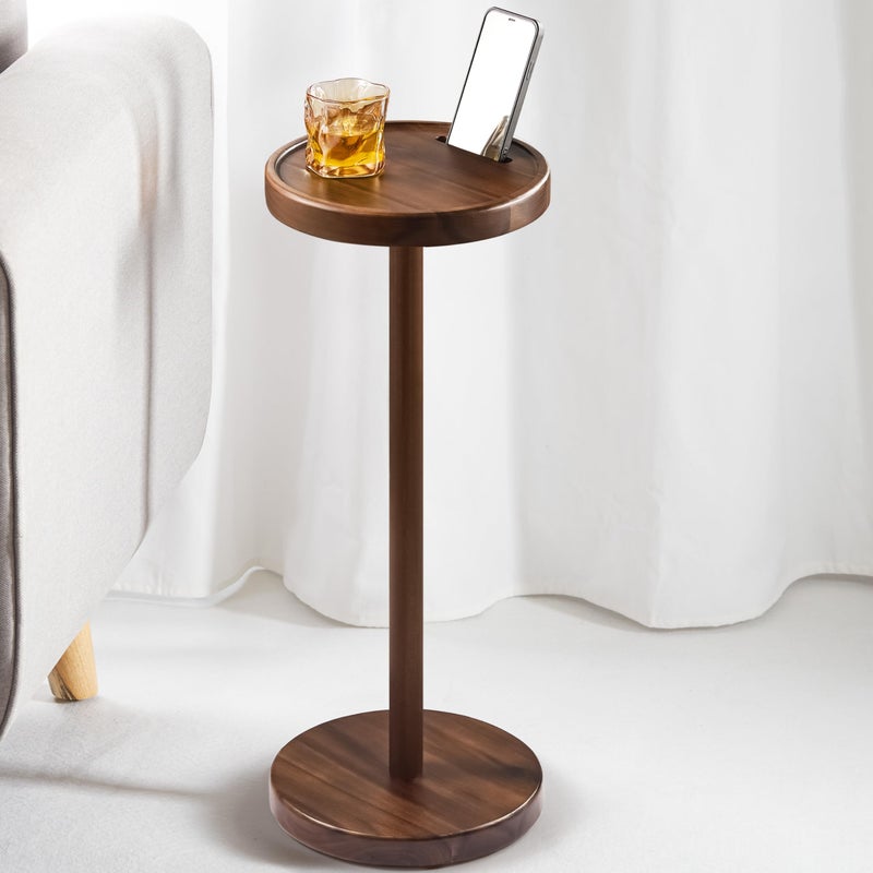 BLUEWEST Drink Table, 22" Tall Compact Side Table with Phone Slot and Weighted Base, Durable Pedestal Table Accent for Living Room (Flat, Walnut) - Image 1