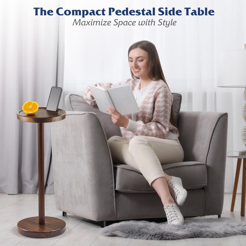 BLUEWEST Drink Table, 22" Tall Compact Side Table with Phone Slot and Weighted Base, Durable Pedestal Table Accent for Living Room (Flat, Walnut) - Image 5