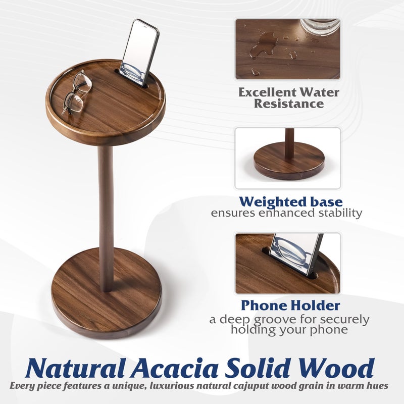 BLUEWEST Drink Table, 22" Tall Compact Side Table with Phone Slot and Weighted Base, Durable Pedestal Table Accent for Living Room (Flat, Walnut) - Image 2
