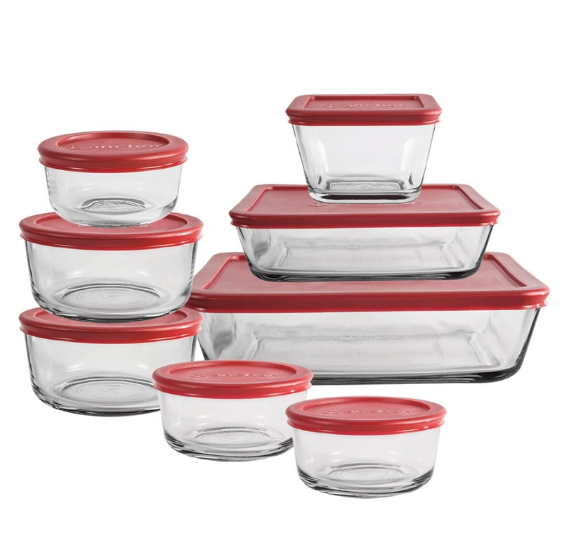 Anchor Hocking 16 Piece Glass Storage Containers with Lids 8 Glass Food Storage Containers  8 Red SnugFit Lids