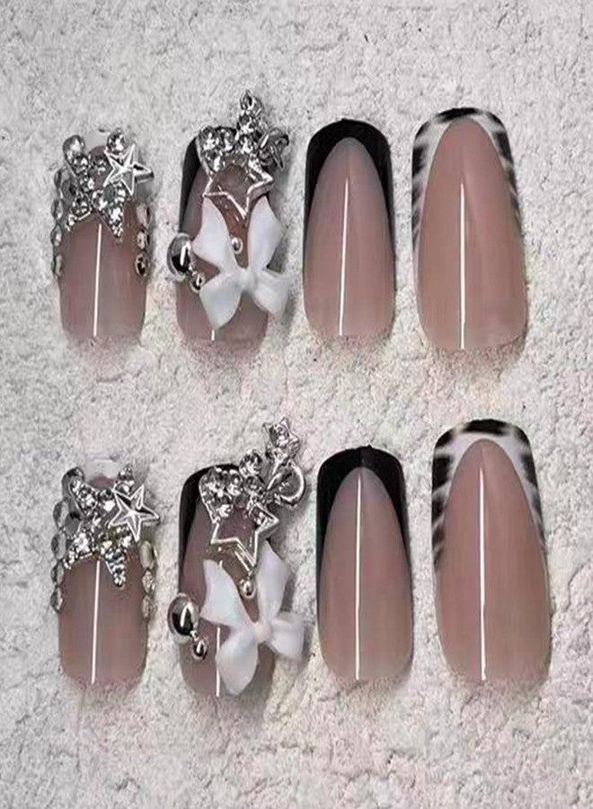 Jremg Black French Tip Press on Nails Medium Square Fake Nails with Silver Bead Designs Glossy Luxury Full Cover Glue on Nails 3D Silver Star Charms Reusable Cute Bow False Nails for Women 24Pcs - Image 3