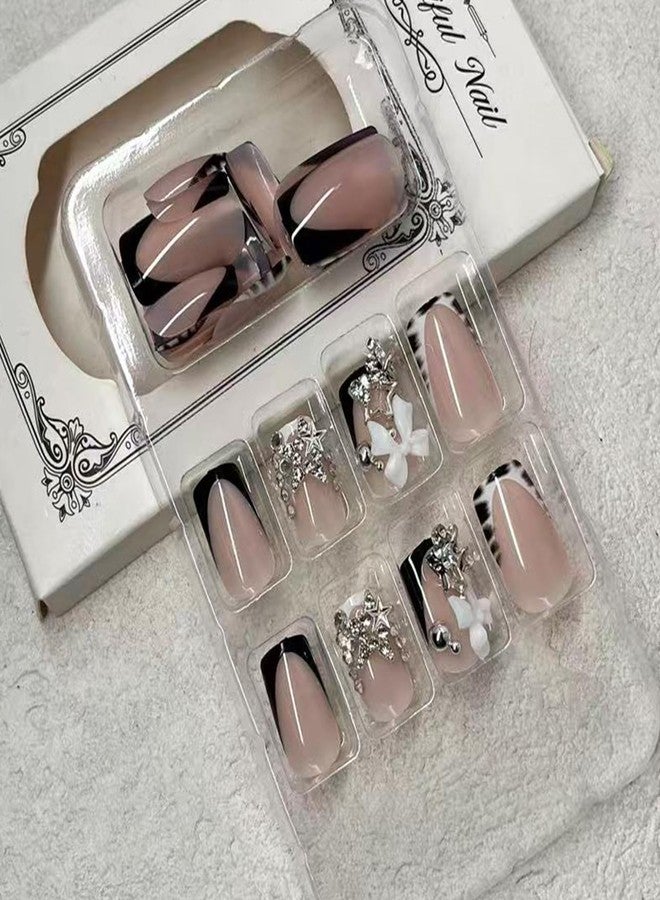 Jremg Black French Tip Press on Nails Medium Square Fake Nails with Silver Bead Designs Glossy Luxury Full Cover Glue on Nails 3D Silver Star Charms Reusable Cute Bow False Nails for Women 24Pcs - Image 2