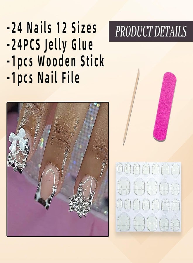 Jremg Black French Tip Press on Nails Medium Square Fake Nails with Silver Bead Designs Glossy Luxury Full Cover Glue on Nails 3D Silver Star Charms Reusable Cute Bow False Nails for Women 24Pcs - Image 5