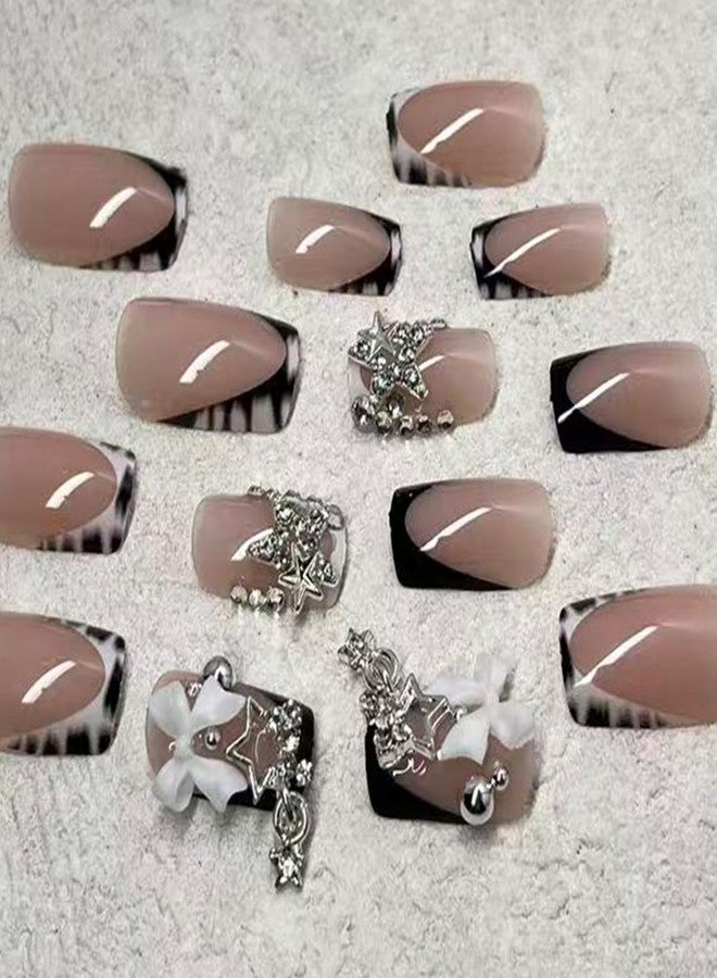 Jremg Black French Tip Press on Nails Medium Square Fake Nails with Silver Bead Designs Glossy Luxury Full Cover Glue on Nails 3D Silver Star Charms Reusable Cute Bow False Nails for Women 24Pcs - Image 4