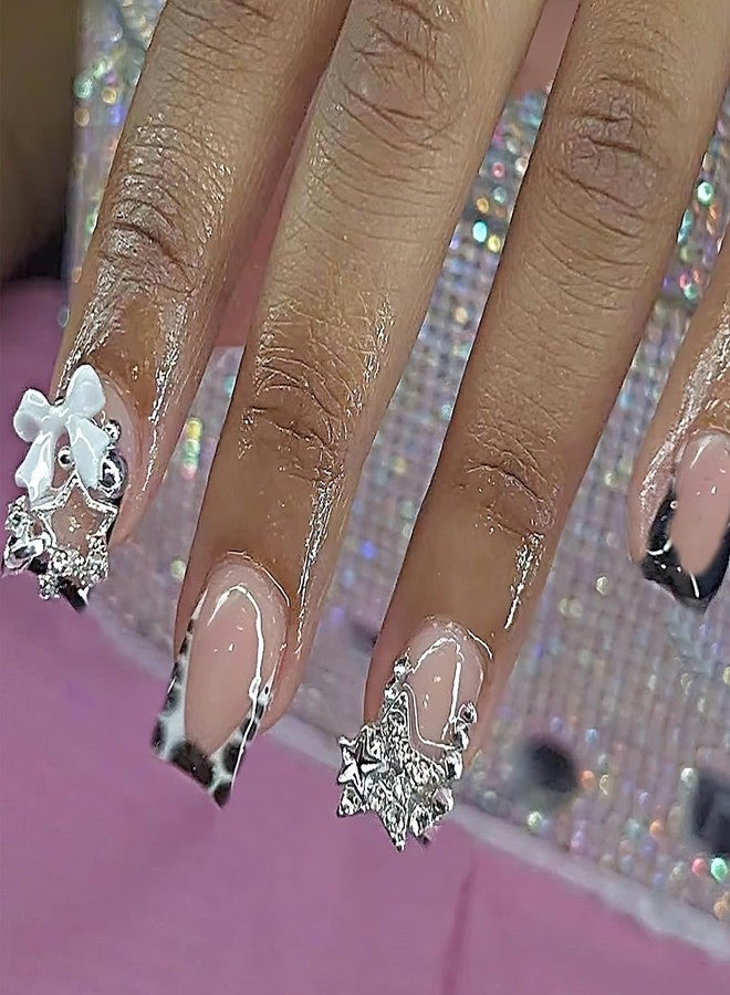 Jremg Black French Tip Press on Nails Medium Square Fake Nails with Silver Bead Designs Glossy Luxury Full Cover Glue on Nails 3D Silver Star Charms Reusable Cute Bow False Nails for Women 24Pcs - Image 1