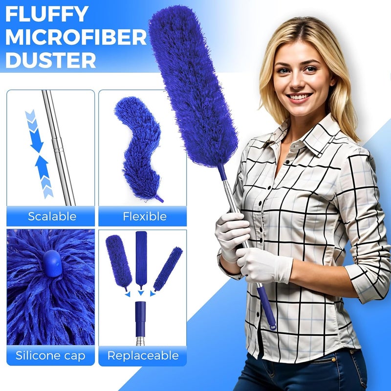 wlich 8 PCS Microfiber Feather Duster, Extendable Washable Cobweb Duster with 100 inches Long Telescopic Duster for Cleaning Ceiling Fan,Blinds, Furniture & Cars KSA standard compatible design - Image 4