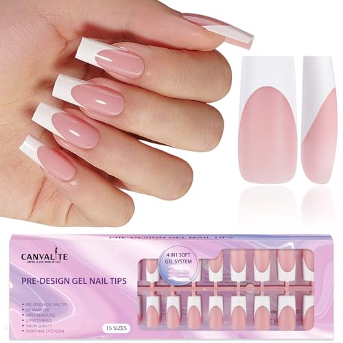 Canvalite French Tip Press on Nails - 300Pcs Pre-Colored Quick and Easy Press on Nails Long Square Fake Nails with Designs DIY Gel Nail Tips, Pink White - Image 1
