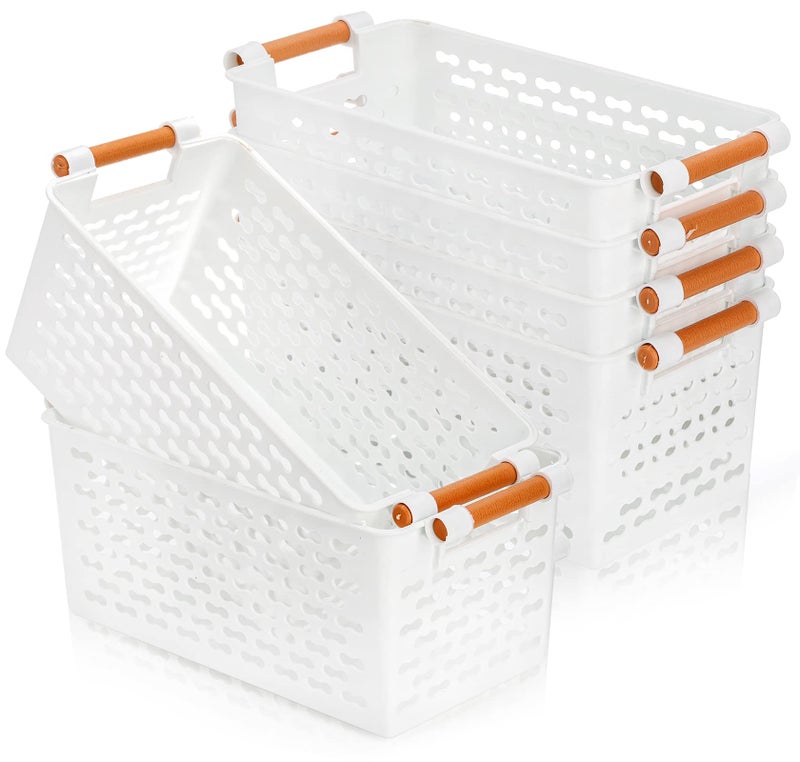 Yesland 6 Pack Plastic Storage Basket White Organizing Bins Basket with Handles Sturdy Plastic Closet Baskets Containers for CD Small Closet Storage in Home Office 12 x 6 x 5 Inches - Image 2