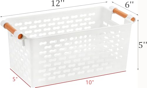 Yesland 6 Pack Plastic Storage Basket White Organizing Bins Basket with Handles Sturdy Plastic Closet Baskets Containers for CD Small Closet Storage in Home Office 12 x 6 x 5 Inches - Image 3