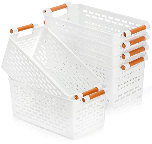 Yesland 6 Pack Plastic Storage Basket White Organizing Bins Basket with Handles Sturdy Plastic Closet Baskets Containers for CD Small Closet Storage in Home Office 12 x 6 x 5 Inches - Image 1