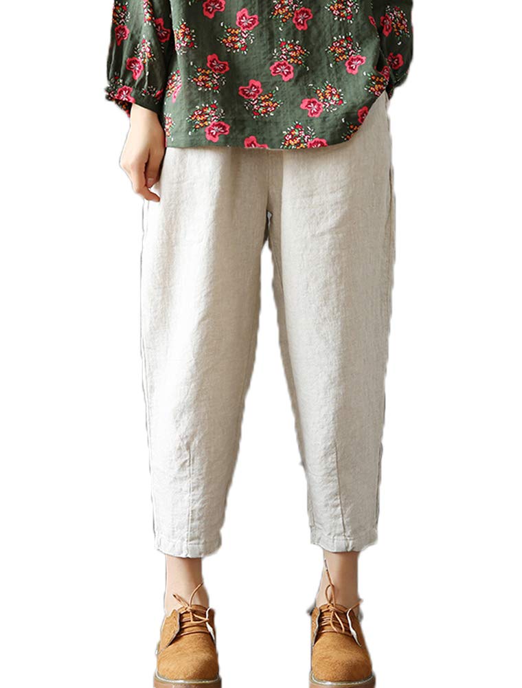 LaovanIn Women's Linen Cropped Pants Tapered Ankle Capris Trousers Elastic Waist Medium Beige - Image 5