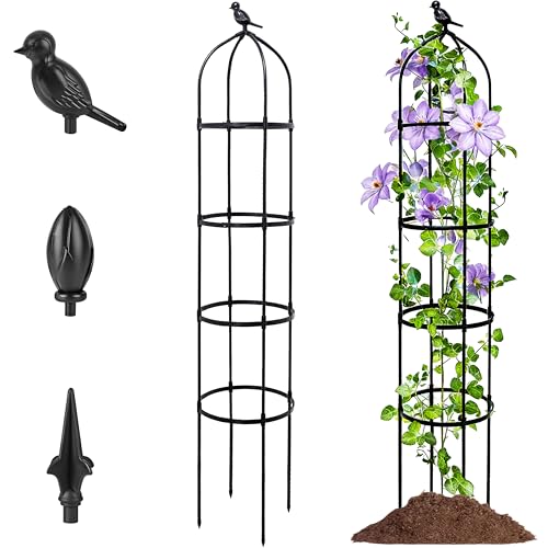 TCBWFY 6FT Garden Obelisk Trellis for Climbing Plants,Adjustable 4-Tier Metal Plant Support,Rustproof Outdoor Plant Tower with 3 Decorative Tops for Roses,Tomatoes,Clematis & Vines,Black - Image 1