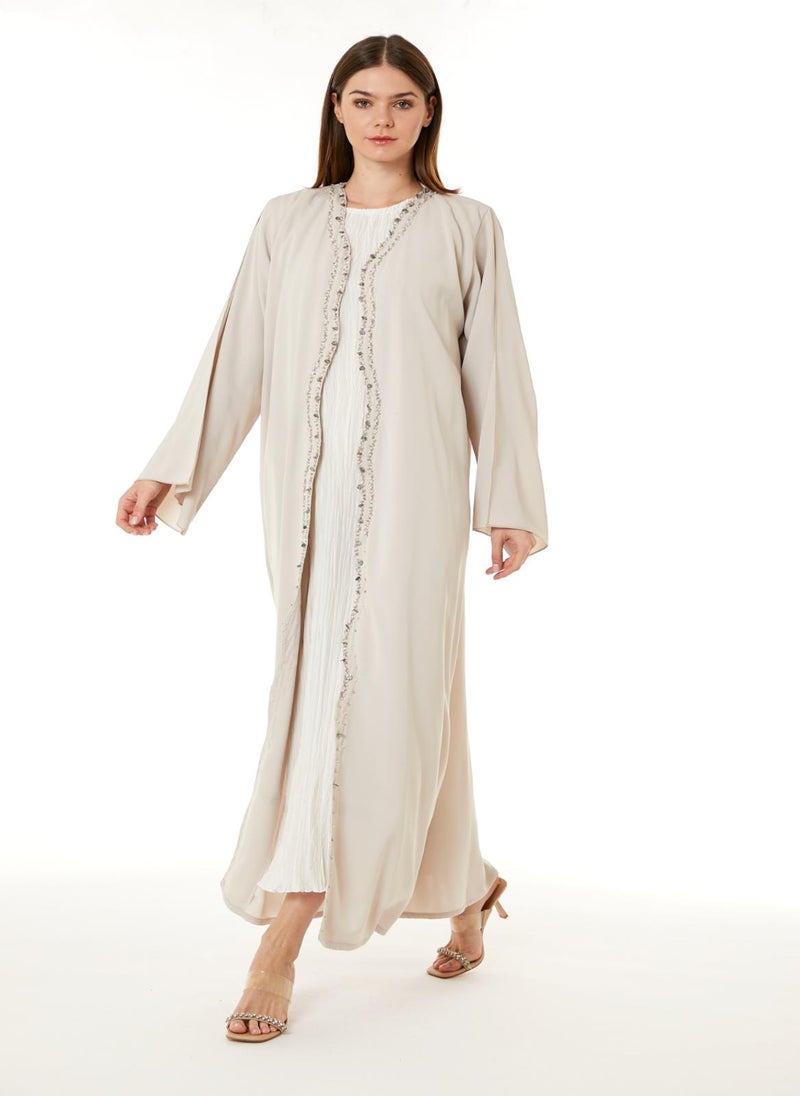 Moistreet Peach Korean Nida Hand Embellished Abaya - Image 4