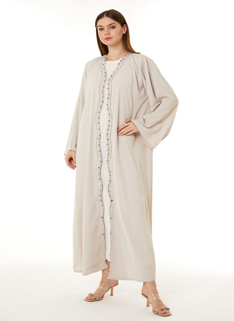 Moistreet Peach Korean Nida Hand Embellished Abaya - Image 3