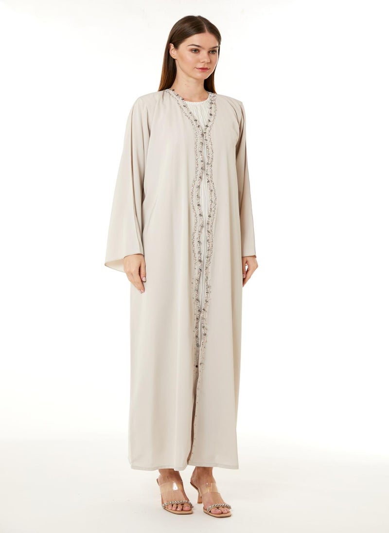 Moistreet Peach Korean Nida Hand Embellished Abaya - Image 1