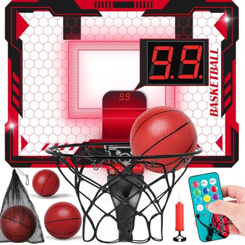 maysida Remote Control Mini Basketball Hoop Indoor for Kids Over Door Hoop Basketball with Electronic Scoreboard Indoor Basketball Hoop with 4 BallsStorage ClipBag7 LED Light Toy Gift for Boy Girl 3Red - Image 1