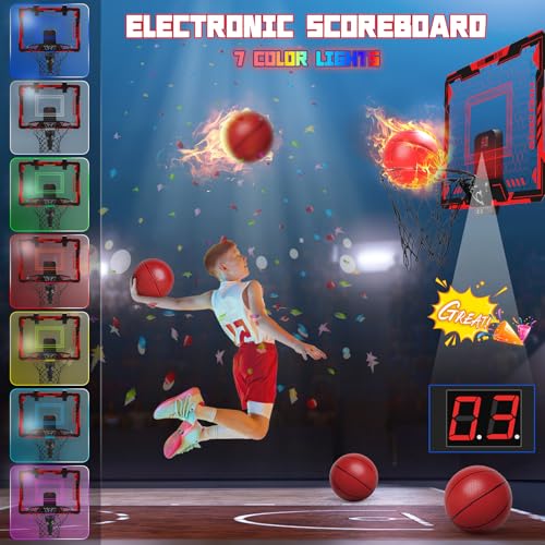 maysida Remote Control Mini Basketball Hoop Indoor for Kids Over Door Hoop Basketball with Electronic Scoreboard Indoor Basketball Hoop with 4 BallsStorage ClipBag7 LED Light Toy Gift for Boy Girl 3Red - Image 5