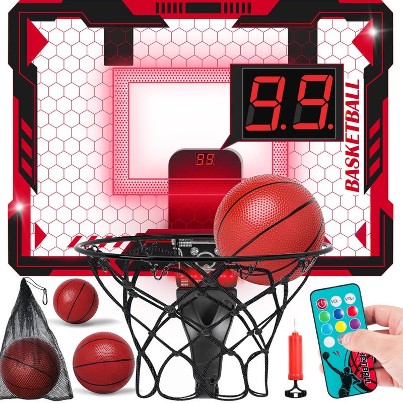 maysida Remote Control Mini Basketball Hoop Indoor for Kids Over Door Hoop Basketball with Electronic Scoreboard Indoor Basketball Hoop with 4 BallsStorage ClipBag7 LED Light Toy Gift for Boy Girl 3Red - Image 3