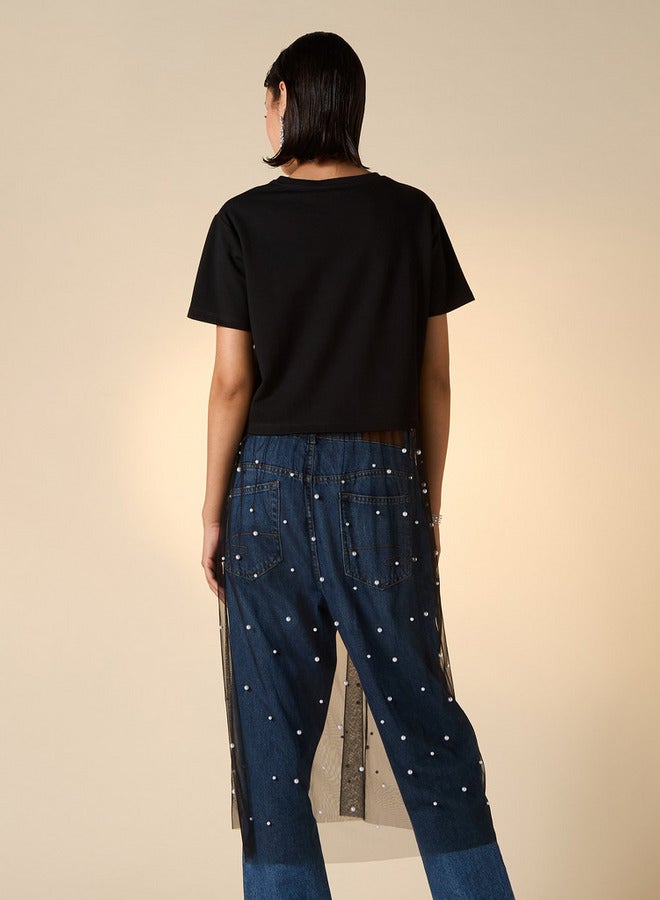 2Xtremz Pearl Embellished Crew Neck Top with Mesh Overlay - Image 3