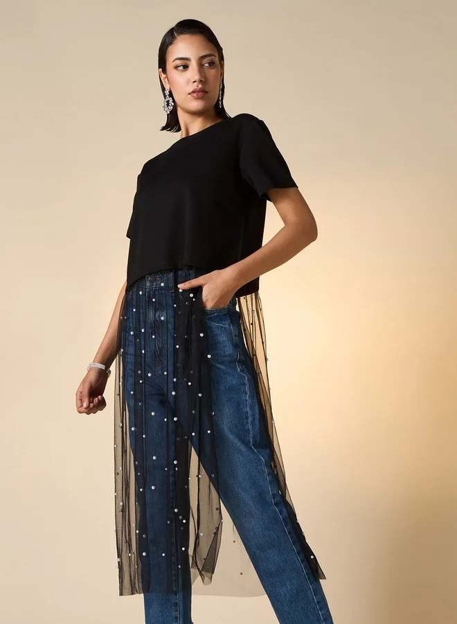 2Xtremz 2Xtremz Pearl Embellished Crew Neck Top with Mesh Overlay