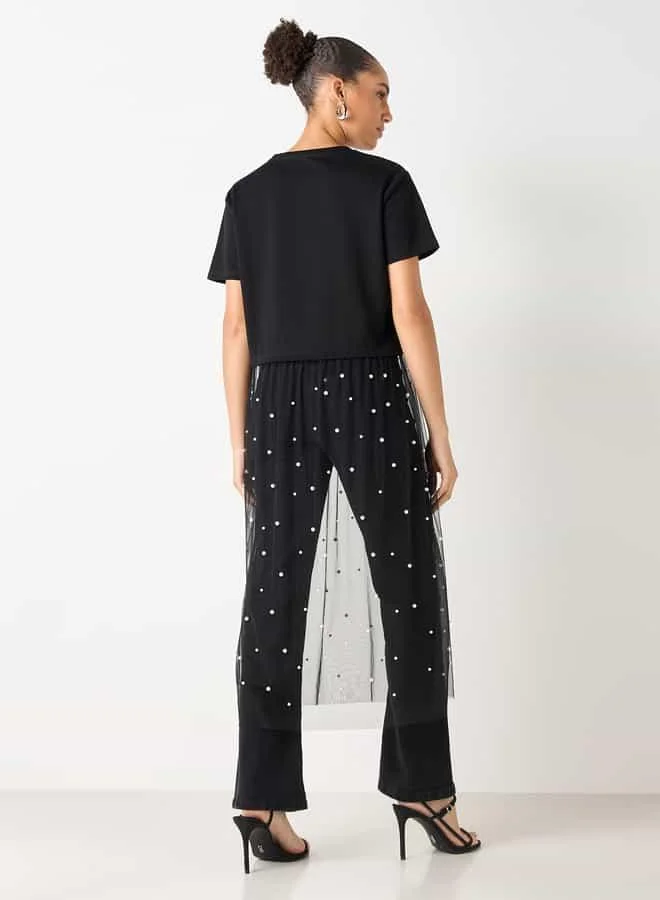 2Xtremz 2Xtremz Pearl Embellished Crew Neck Top with Mesh Overlay