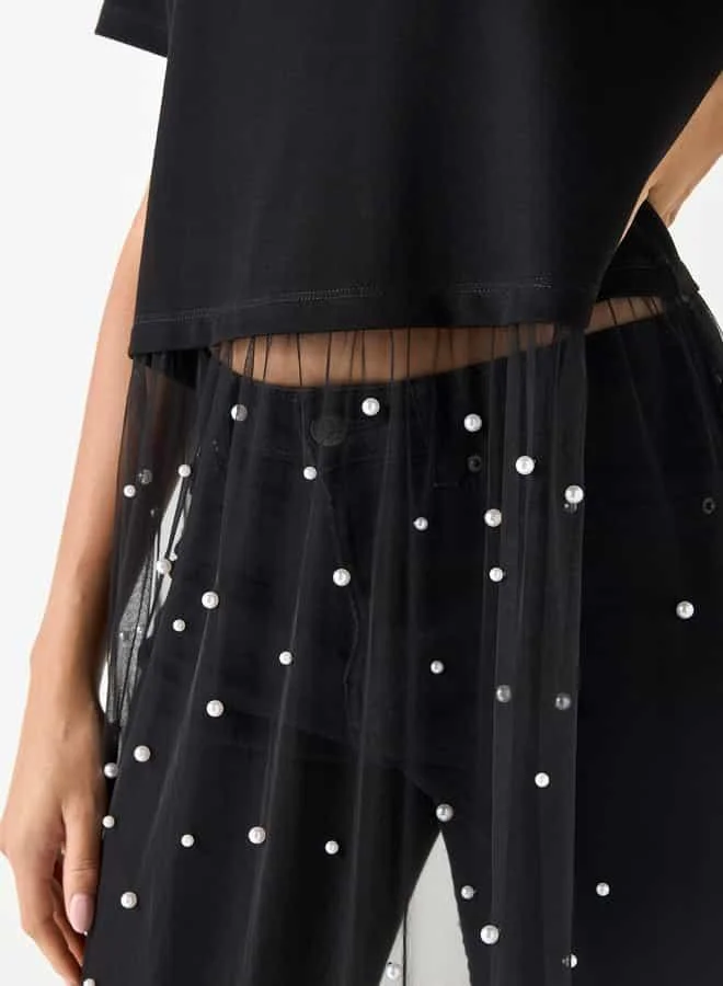 2Xtremz 2Xtremz Pearl Embellished Crew Neck Top with Mesh Overlay