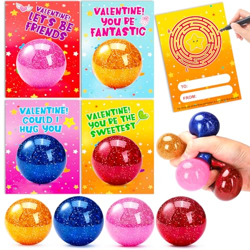 AugToy 24 Pack Valentines Day Gifts for Kids with Stress Balls Valentines Day Cards for Kids School Stress Relief Squeeze Toys Teens Boys Girls Preschool Toddler Valentine Classroom Exchange Party Favors - Image 1