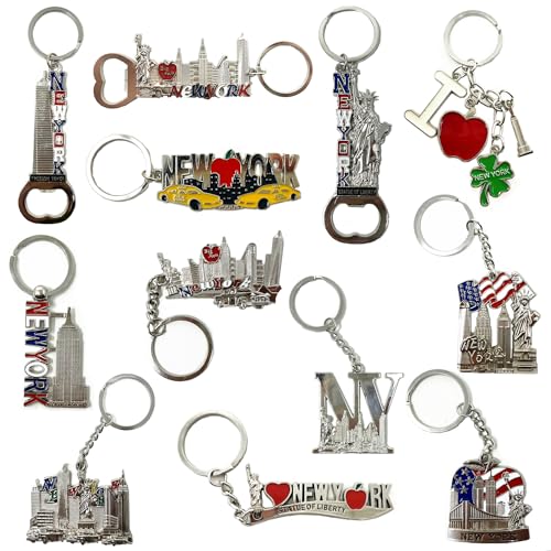 TSY TOOL 12 Pack Silver NYC Souvenir Collection New York Metal Keychain Ring Bundle Bulk Includes Empire State, Freedom Tower, Statue Of Liberty, USA Flag,NY Cab, Apple, 3 Pc Bottle Opener too And More - Image 1