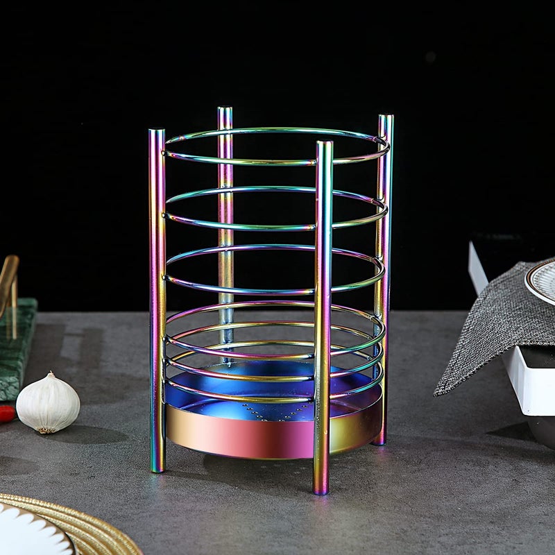 HOMQUEN Rainbow Kitchen Utensil Holder for Kitchen Counter, Stainless Steel Utensil Crocks, Rainbow Titanium Coating Utensil Storage Caddy Organizer, Cooking Utensil Holder, Easy Cleaning(Rainbow/7.4''x5.2'')  - Image 3