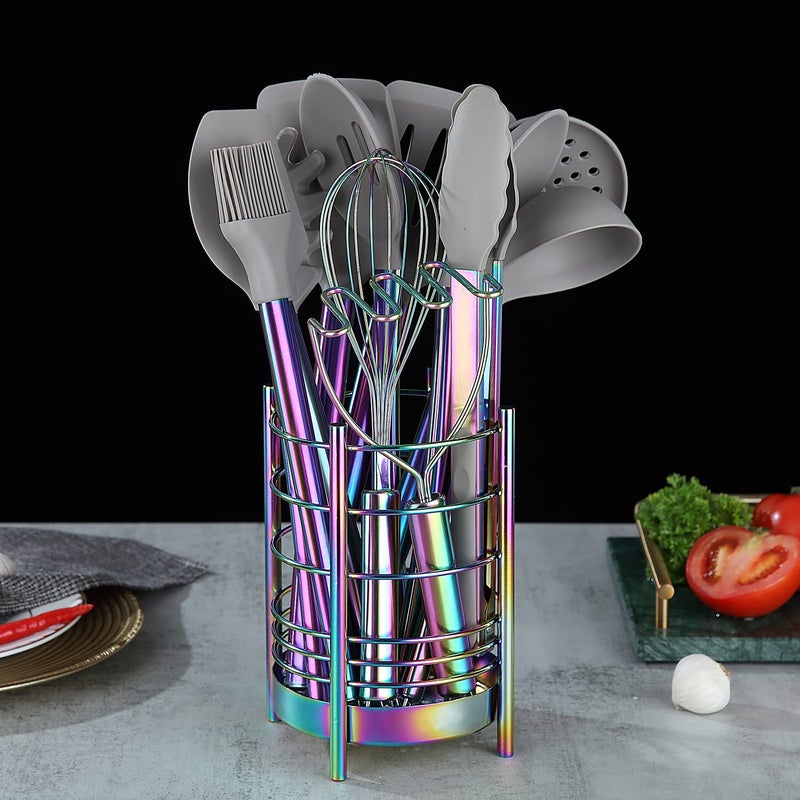 HOMQUEN Rainbow Kitchen Utensil Holder for Kitchen Counter, Stainless Steel Utensil Crocks, Rainbow Titanium Coating Utensil Storage Caddy Organizer, Cooking Utensil Holder, Easy Cleaning(Rainbow/7.4''x5.2'')  - Image 4