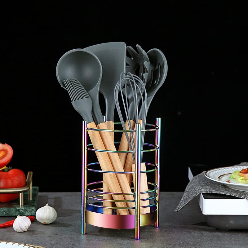 HOMQUEN Rainbow Kitchen Utensil Holder for Kitchen Counter, Stainless Steel Utensil Crocks, Rainbow Titanium Coating Utensil Storage Caddy Organizer, Cooking Utensil Holder, Easy Cleaning(Rainbow/7.4''x5.2'')  - Image 5