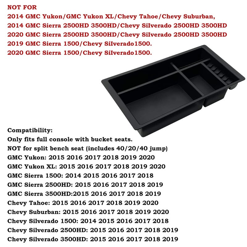 EVTIME Center Console Organizer Compatible with 2015-2020 Chevy Yukon Tahoe Suburban and 2014-2018 GMC Sierra Silverado Tray Accessories Armrest Storage-Full Console w/Bucket Seats ONLY - Image 2