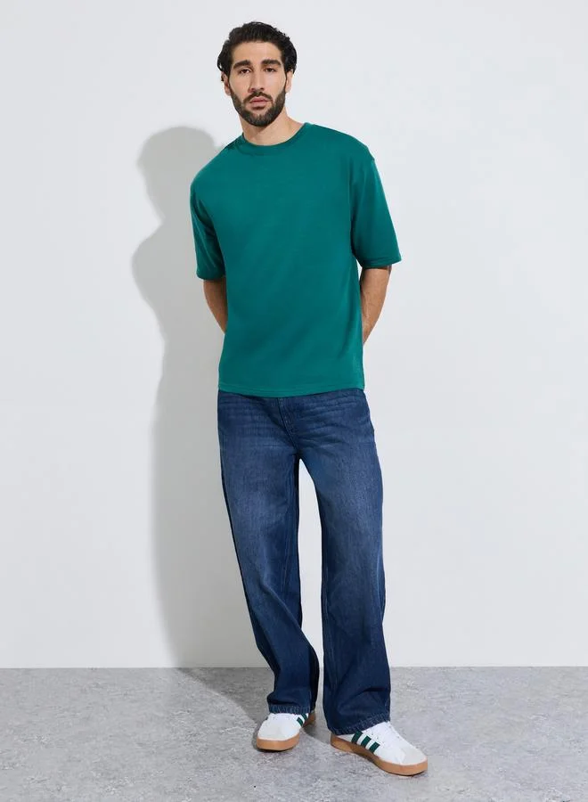 Styli Men Green Oversized Screen Print Cotton Terry T-Shirt