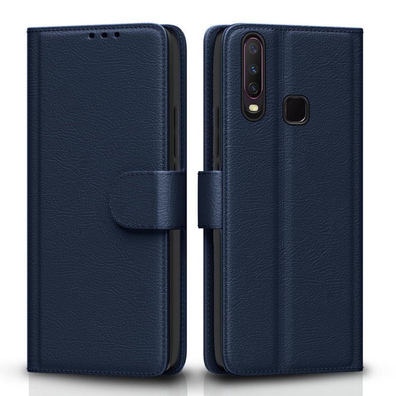 Pikkme Leather Magnetic Vintage Flip Wallet Case Cover for Vivo Y12 / Y15 / Y17 / U10 (Blue) - Image 1