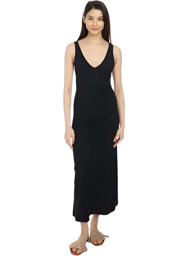Dahab Cotton Plain Sleeveless V-Neck Full Slip For Women-Black - Image 2