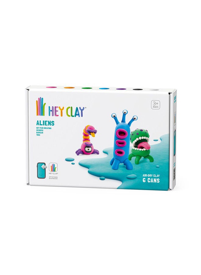 HEY CLAY DIY  Aliens: Burger, Trio, Scorpio Plastic Creative Modelling Air-Dry Clay For Kids 6 Cans - Image 1