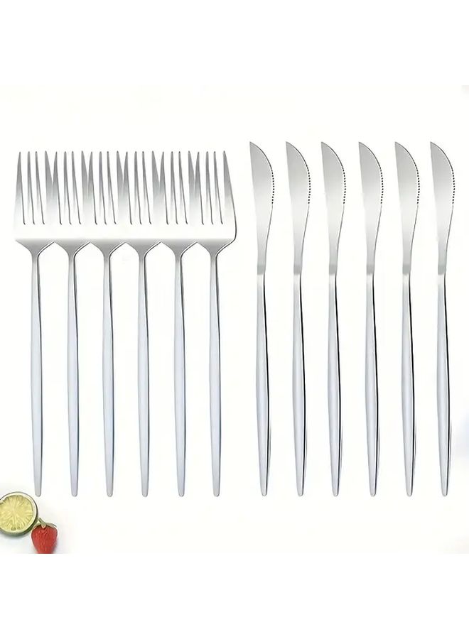 Silver 12 Piece Stainless Steel Cutlery Set Steak Knives Fork Dishwasher Safe - Image 1