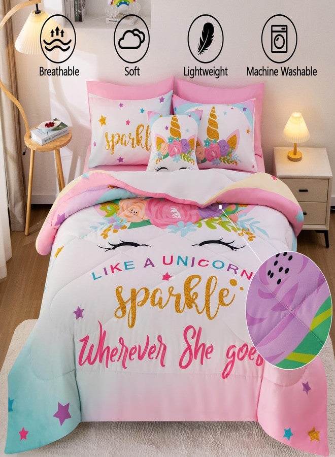 Keyroal 6Pcs Twin Comforter Set with Sheet,Unicorn Flower Bedding Set for Kids,Pink Rainbow Bed in a Bag Bedding for Girls-Sparkle Unicorn - Image 5
