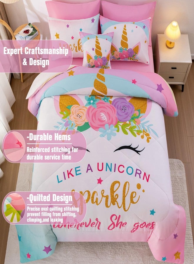 Keyroal 6Pcs Twin Comforter Set with Sheet,Unicorn Flower Bedding Set for Kids,Pink Rainbow Bed in a Bag Bedding for Girls-Sparkle Unicorn - Image 3