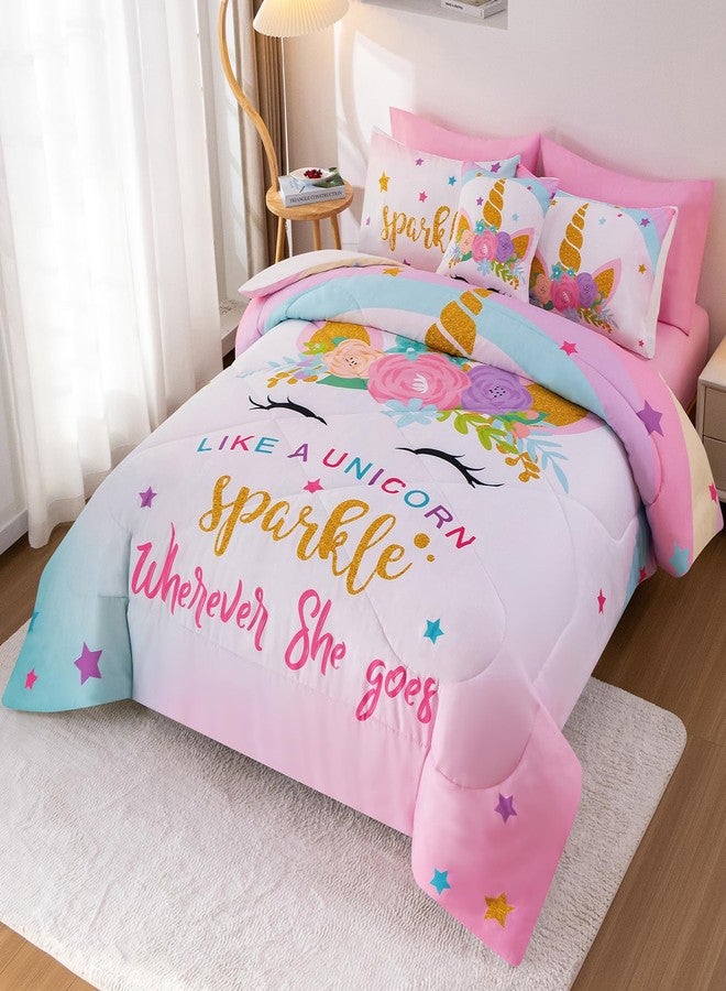 Keyroal 6Pcs Twin Comforter Set with Sheet,Unicorn Flower Bedding Set for Kids,Pink Rainbow Bed in a Bag Bedding for Girls-Sparkle Unicorn - Image 1