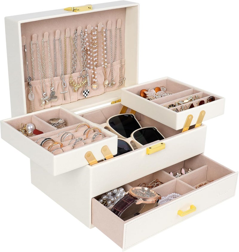 Dajasan Jewelry Box for Women, 3 Layers Large Jewelry Organizer Box, Jewelry Storage Case for Earring, Ring, Necklace, Bracelets (Cloud White + Gold) - Image 1