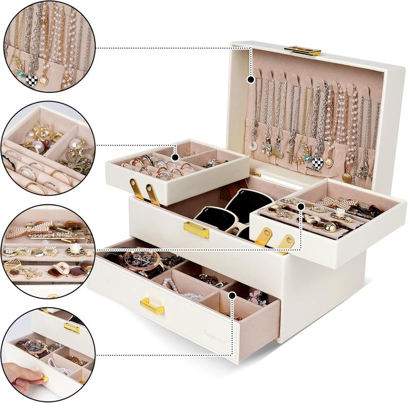 Dajasan Jewelry Box for Women, 3 Layers Large Jewelry Organizer Box, Jewelry Storage Case for Earring, Ring, Necklace, Bracelets (Cloud White + Gold) - Image 2