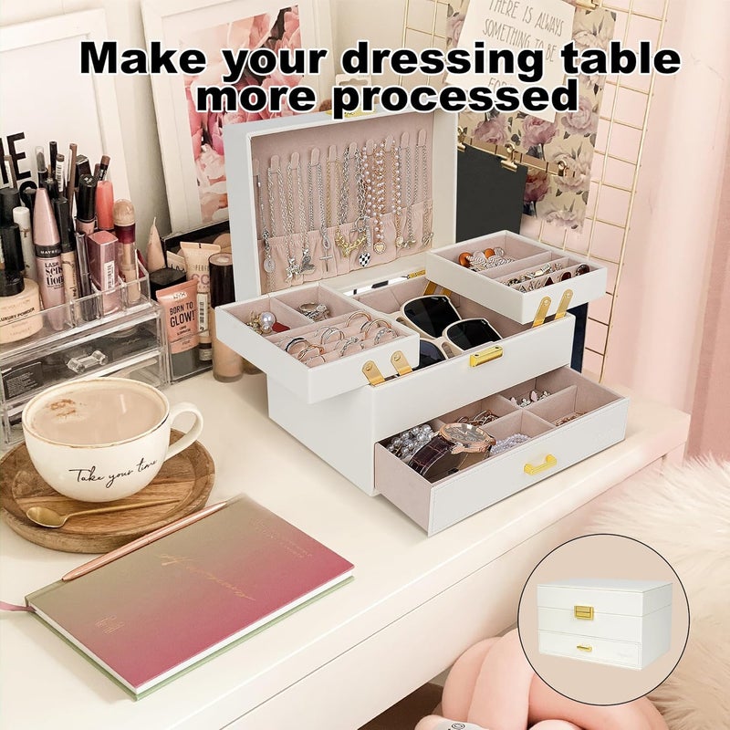 Dajasan Jewelry Box for Women, 3 Layers Large Jewelry Organizer Box, Jewelry Storage Case for Earring, Ring, Necklace, Bracelets (Cloud White + Gold) - Image 5