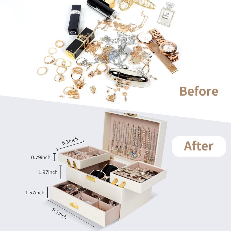 Dajasan Jewelry Box for Women, 3 Layers Large Jewelry Organizer Box, Jewelry Storage Case for Earring, Ring, Necklace, Bracelets (Cloud White + Gold) - Image 4