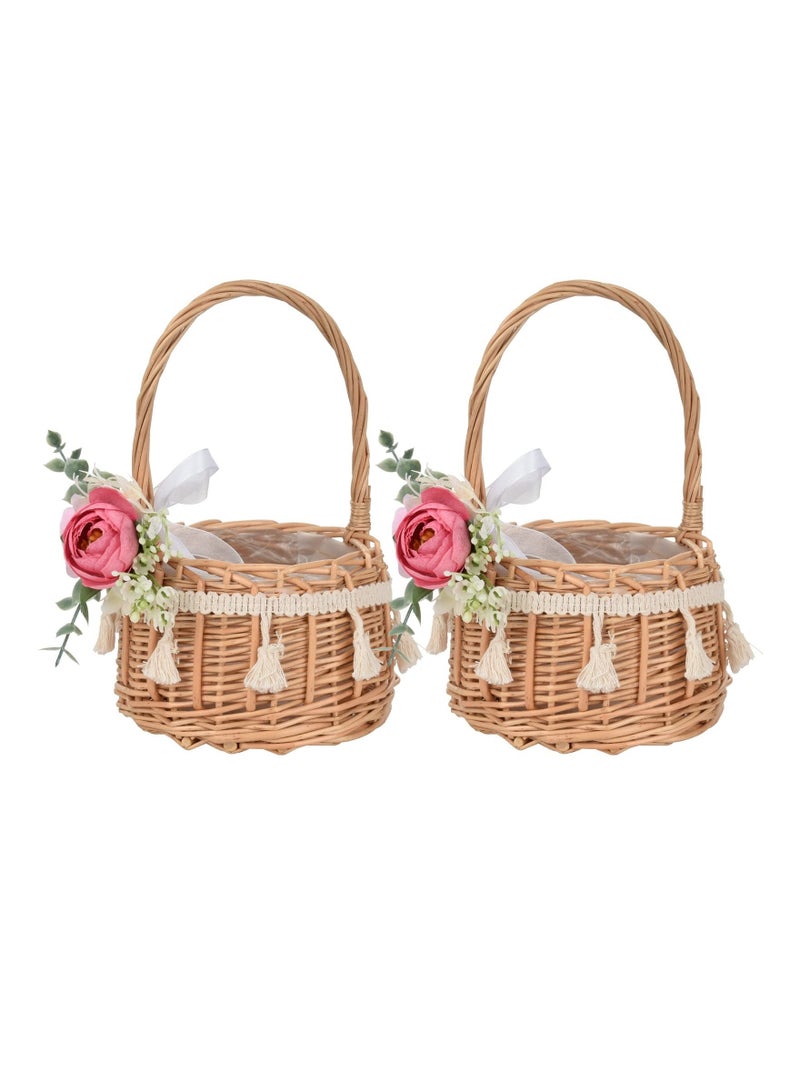 Generic 2Pcs White Woven Tassel Edge Ribbon Storage Basket with Handle Decorative for Wedding Party Home  - Image 1