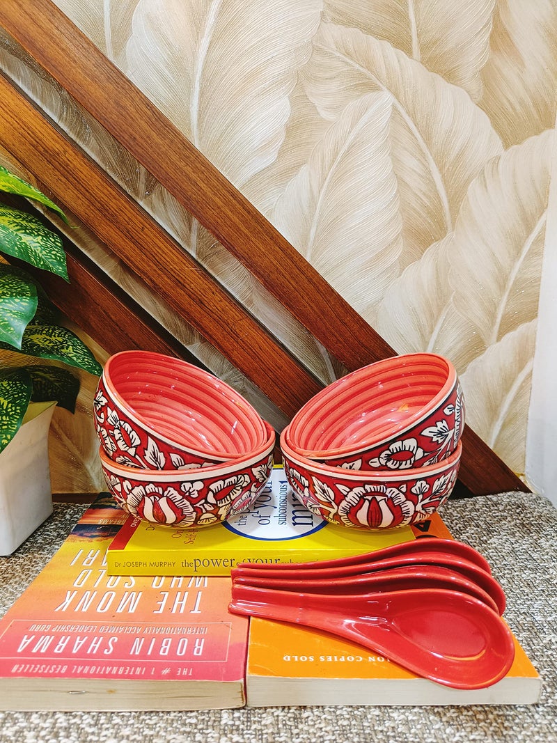 Caffeine Ceramic Handmade red Mughal Soup Bowl with Spoon (Set of 4) - Image 1