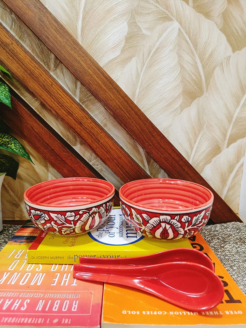 Caffeine Ceramic Handmade red Mughal Soup Bowl with Spoon (Set of 4) - Image 2